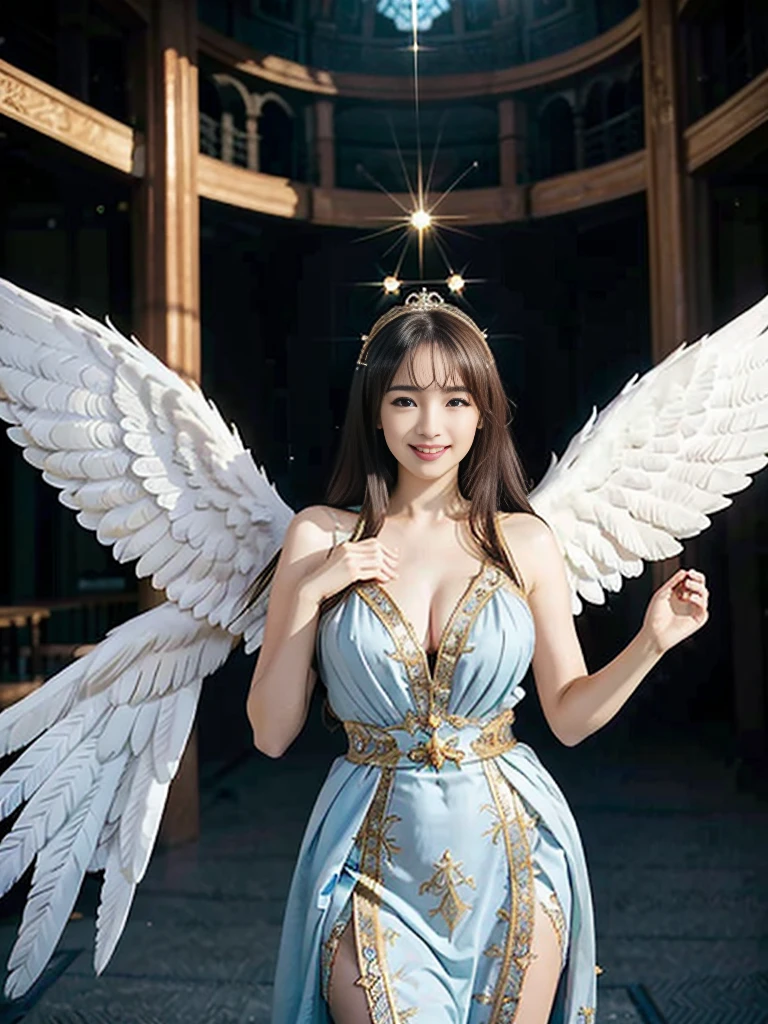 ((Very beautiful angel queen,The final form as a perfect angel, the masterpiece of an angel,Huge and intricate angel wings,The most dignified wings,Golden light,shining background,The most opulent and holy temple background,White and gold temple background,King of Angels,The most dignified angel,Intricate and solemn dresses,Light blue and gold embellishment dress on white,Light blue and gold dress on white base,Complex and majestic angel figure,The most majestic figure of the devil,The most intricately depicted figure of an angel,The World's Most Beautiful,Unimaginable beauties,divine atmosphere,The most intricate and beautiful dresses,Intricate reproduction of the perfect angelic detail,The figure of an unimaginably gorgeous angel,The figure of an unimaginably huge angel)), (((Tyndall effect;1.45))), ((Most beautiful face,Half Japan and half Spanish,The biggest happy smile,Beautiful wavy hair,Black and red hair,The most luxurious and intricate dresses,The biggest smile looking at the camera)),(Elegant standing figure,Fold your hands in front of your navel,)),Chest that seems to burst,Giant wings of angels,The background is the appearance of a perfect angel castle,Masterpiece,8K,very intricate,ultra-detailliert, nsfw