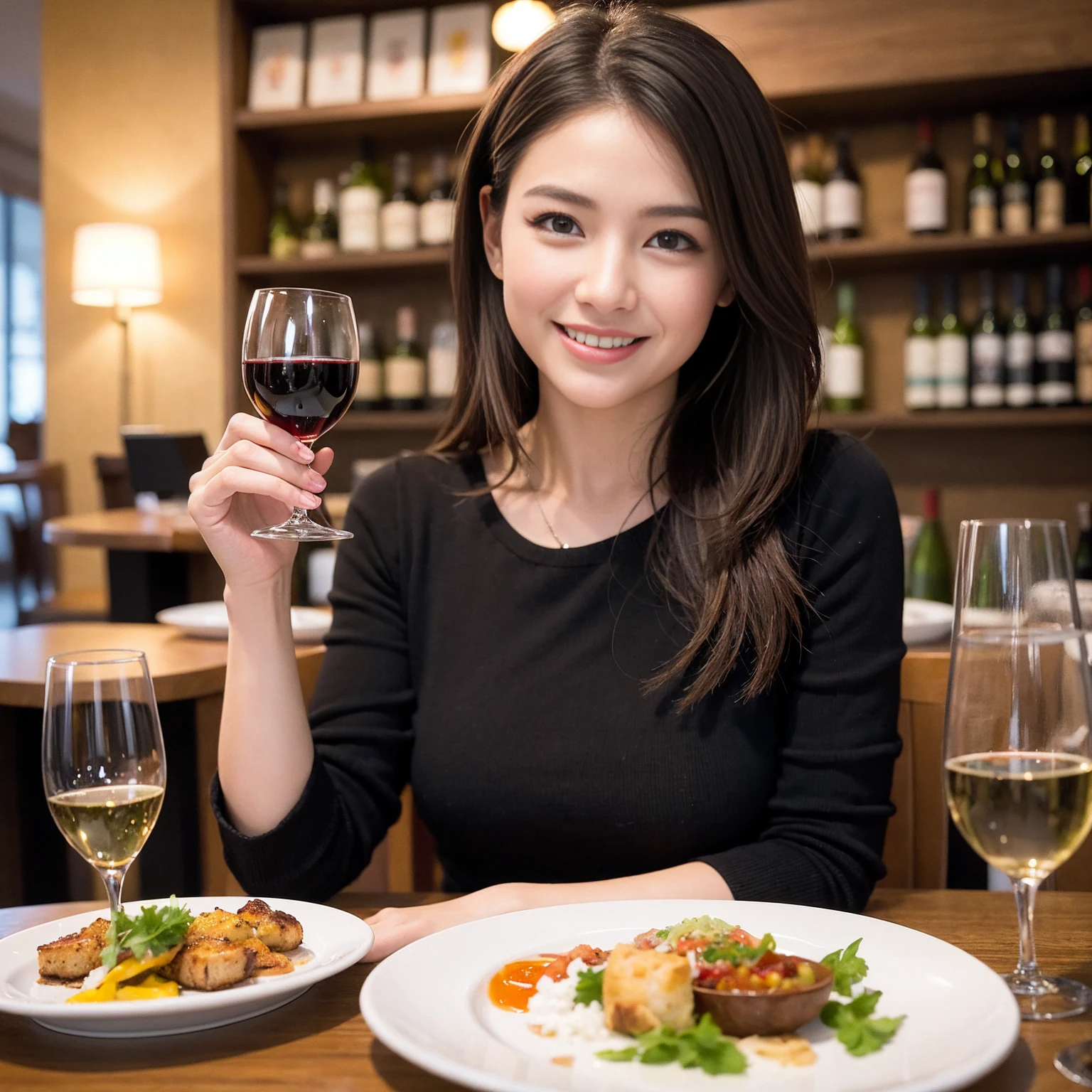 ((Highest quality、8K、masterpiece:1.3))、1 male、1 female、Couple、spouse、Couple、The body is slim、((Bob Hale、Straight hair:1.2)), (Realistic, Intricate details:1.2), テーブルの上のwine glass、Put the light on your face、 Amazing view of the sunset sky and clouds、Amazing mountain views、A bright smile、The wonderfulness of smile、Bright image、The beauty of wine, Beautiful Face, blue eyes, The light shines on your face, Blushing, short hair,Bright Face、 (Age 37), 39 years old, red wine 、Appetizers、Italian food、Wine bottle、Champagne、sparkling wine、Two beauties、Brown Hair、Shortcuts、Long sleeve shirt、dress、Beautiful woman 1, (slimな顔), (The body is slim), (Brown Hair), (Shortcuts), cheeks turn a little red,Attractive beauty、restaurant, In a prominent place (From the waist up) Nova Frog Style, actress, model, Upper Body, White wine, slim, wine glass, 中央に置かれたwine glass, smile, (smile: 1.15), Beautiful fine grain, Depth f/2,saturation, High Contrast, Strong light and shadow,Moist Body:1.5、3D texture、Delicate eyes、Brown Hair、The hair is very shiny、