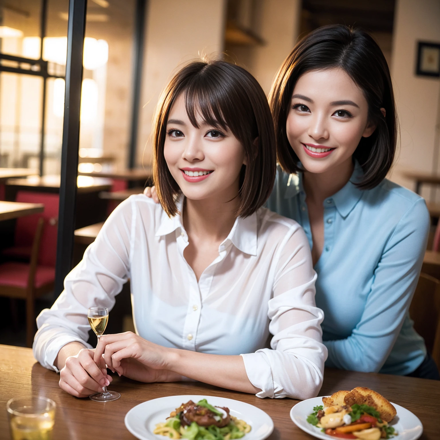 ((Highest quality、8K、masterpiece:1.3))、1 male、1 female、Couple、spouse、Couple、The body is slim、((Bob Hale、Straight hair:1.2)), (Realistic, Intricate details:1.2), テーブルの上のwine glass、Put the light on your face、 Amazing view of the sunset sky and clouds、Amazing mountain views、A bright smile、The wonderfulness of smile、Bright image、The beauty of wine, Beautiful Face, blue eyes, The light shines on your face, Blushing, short hair,Bright Face、 (Age 37), 39 years old, red wine 、Appetizers、Italian food、Wine bottle、Champagne、sparkling wine、Two beauties、Brown Hair、Shortcuts、Long sleeve shirt、dress、Beautiful woman 1, (slimな顔), (The body is slim), (Brown Hair), (Shortcuts), cheeks turn a little red,Attractive beauty、restaurant, In a prominent place (From the waist up) Nova Frog Style, actress, model, Upper Body, White wine, slim, wine glass, 中央に置かれたwine glass, smile, (smile: 1.15), Beautiful fine grain, Depth f/2,saturation, High Contrast, Strong light and shadow,Moist Body:1.5、3D texture、Delicate eyes、Brown Hair、The hair is very shiny、