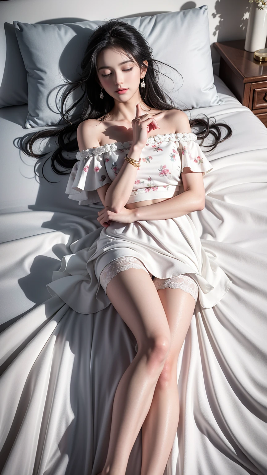 （(Girl lying on bed))、Beauty、 One Girl、alone、Long Hair、Viewer、smile、（Eyes closed)、hair ornaments、、gem、Gray Hair、Shut your mouth、Blunt banganicure、bracelet、lips、Grey Eyes、Portraiture、Red nails、close、赤いlips、Put your hands on your face、Place your hand on your cheek、()、(Shiny skin)、((Skyscrapers are hazy outside the window))、(Off-shoulder white dress with floral pattern),),((Girl sleeping with legs slightly apart)),(Leg spread),((White panties are visible)),（Lift-up skirt)、