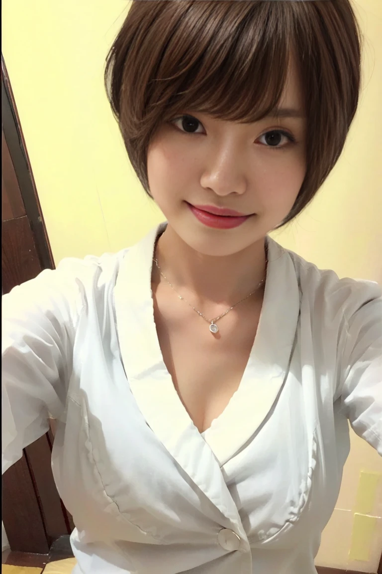 (Lift up your white shirt to reveal your chest:1.4)201 year old woman, , (reality: 1.4), Smartphone image quality, (smile), Japanese, Asian Beauty,Double Eyes、 46 point diagonal bangs , Beautiful Skin、Medium chest、(Selfie:1.2),On the bed、nsfw、Put your chest close、Boyish Short Hair、Slightly blurry image quality、