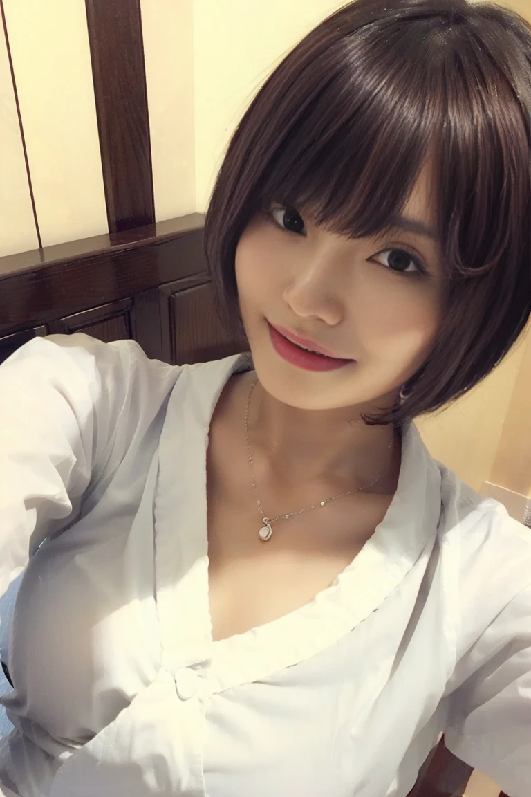 (Lift up your white shirt to reveal your chest:1.4)２０1 year old woman, , (reality: 1.4), Smartphone image quality,  (smile), Japanese, Asian Beauty,Double Eyes、 46 point diagonal bangs , Beautiful Skin、Medium chest、(Selfie:1.2),On the bed、nsfw、Put your chest close、Boyish Short Hair、Slightly blurry image quality、