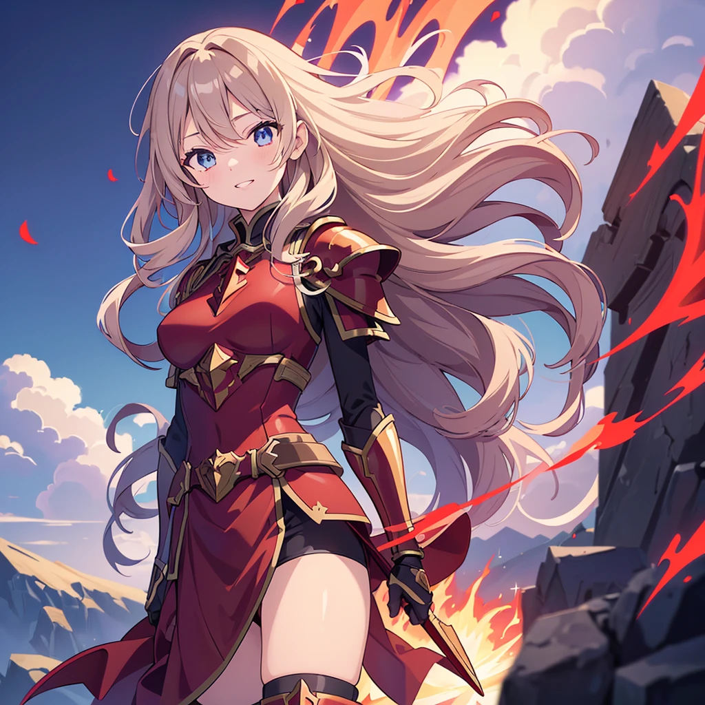 #Basics A girl is posing for a photo, animeのかわいい女の子, (((One Girl, Baby Face, ))),
break
#Clothing Accessories
(((red on black)Flame-themed armor:1.4) : Red jeweled breastplate + Long dress style:1.4 + Gauntlet + Knee-high boots with knee pads + Long red cape with shoulder pads, He has a sword at his waist., Equipped with a shield),
break
#Features
(blonde:1.4, Bangs covering the eyes:1.4, (very long back hair + thick, curly hair at the back + Wavy back hair + Back hair fluttering in the wind)),
(Droopy eyes,blue eyes), (Small breasts),
break
#Performance
(Proud face, Grin),
#background environment
((noon, Meadows in a fantasy world +Cumulonimbus + I can see the mountains)), #composition (Turn your body to the viewer:1.4, From below:1.4, Cowboy Shot:1.4),
break
#Body parts elements
(Beautiful Hair,Shiny Hair),
(double eyelid, Long eyelashes),
(細かい目のPerformance, Beautiful and delicate eyes, Sparkling eyes, Eye Reflexes),
(Human Ear),
(Beautiful Nose, Thin Nose),
(Glossy Lips, Beautiful Lips, thick lips), (Symmetrical facial features),
(Detailed skin, Textured skin, Beautiful Skin),
break
#quality
(((最高quality)), ((masterpiece)), ((Very detailed))), ((High resolution), (16K,1080P)),
(Realistic), (Anatomically correct),
((comics, anime)), (3DCG), CG illustration,