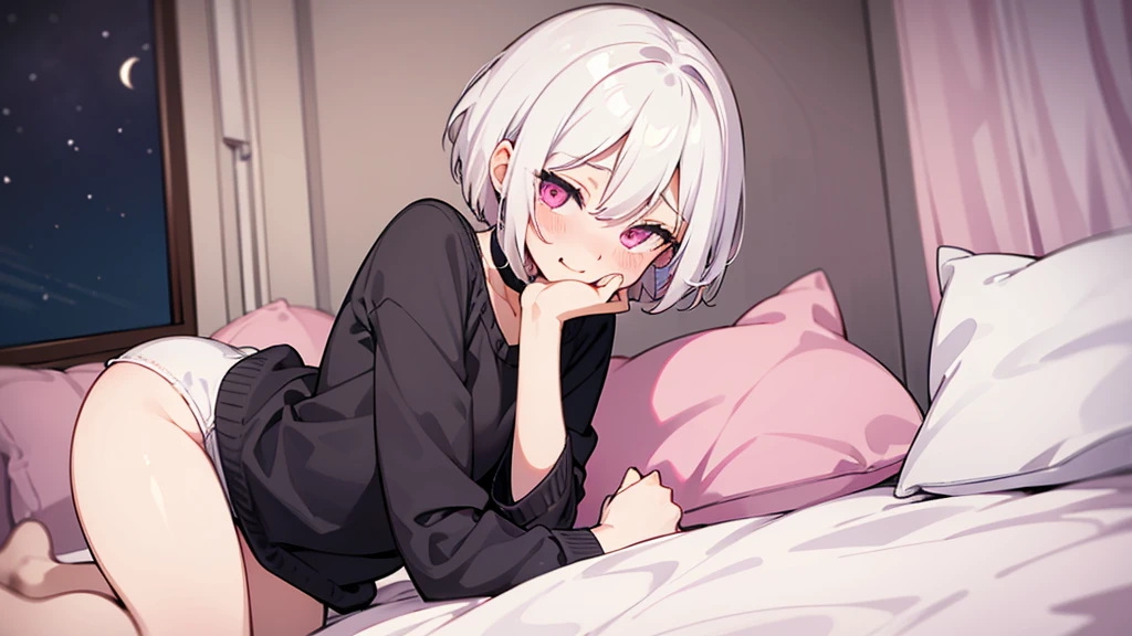 White Hair Girl、Pink Eyes、Short Hair、Only one girl、Night、In the bedroom、Blushing、laughing、Excited、Just One、Sitting on the bed、Sweating