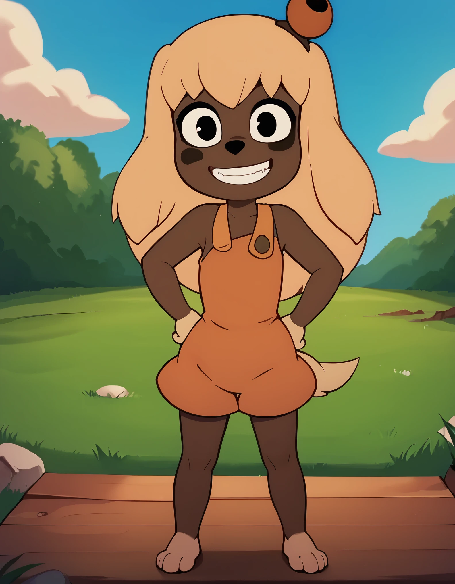 lilotte, (tail covering crotch:1.3), solo, girl, dog ears, long hair, furry female, dog tail, barefoot, looking at viewer, blonde hair, black eyes, full body, standing, smile, upper body, sleeveless, orange overalls, outdoors, bell, dog girl, holding, animal nose, grin,teeth, hands on hips, paw pads, from behind, open mouth, closed mouth, closed eyes, indoors, sky, day, blue sky, food, cloud, grass,