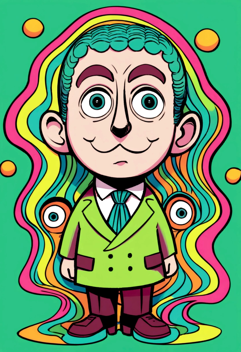 FULL BODY Cute cartoon, exaggerated caricature 4k of a middle-aged man, big head pop art, with very big eyes and eyes adorable, very funny, HE'S DRESSED LIKE A NOAR FILM DIRECTOR. whimsical, surreal, bright, highly detailed, solid green background color.