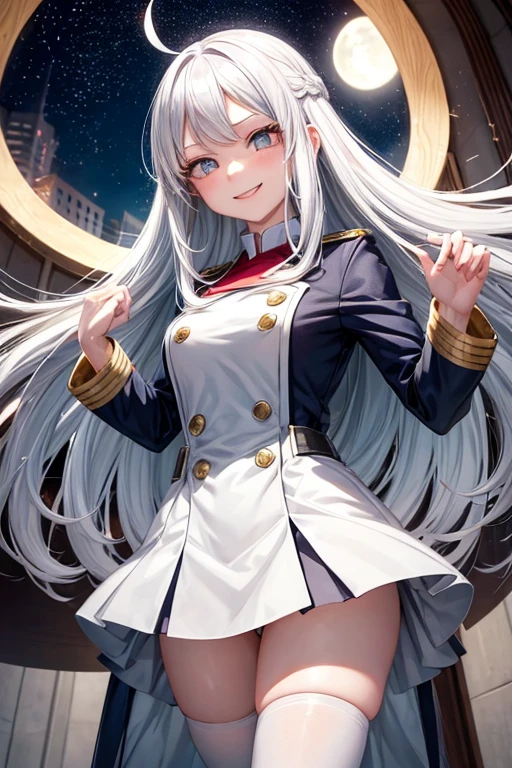 My hero academia template. A girl with long white hair with a lot of volume and bangs, with shiny silver eyes, very smiling, quite bright, very pale skin with the UA uniform and in the background he is in the class. It has small Moons floating around it and with sparkles
