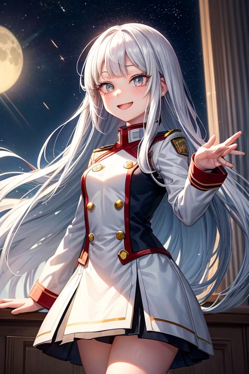 My hero academia template. A girl with long white hair with a lot of volume and bangs, with shiny silver eyes, very smiling, quite bright, very pale skin with the UA uniform and in the background he is in the class. It has small Moons floating around it and with sparkles 