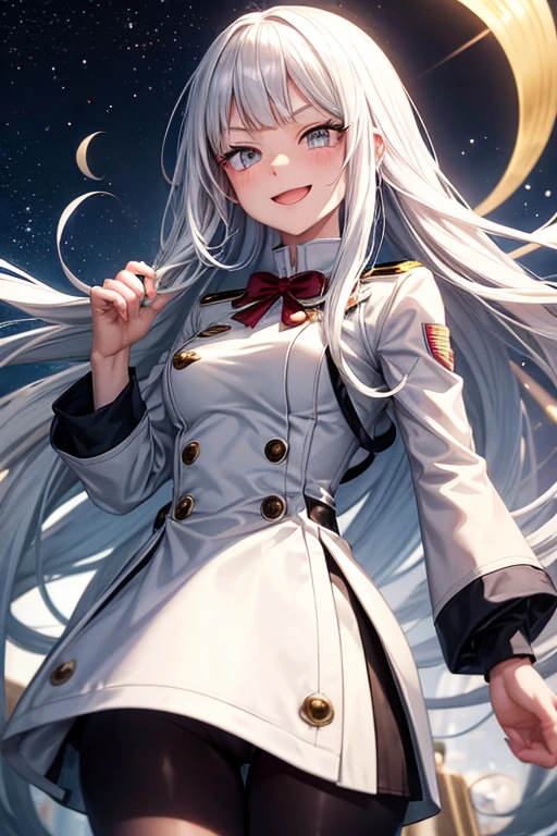 My hero academia template. A girl with long white hair with a lot of volume and bangs, with shiny silver eyes, very smiling, quite bright, very pale skin with the UA uniform and in the background he is in the class. It has small Moons floating around it and with sparkles 