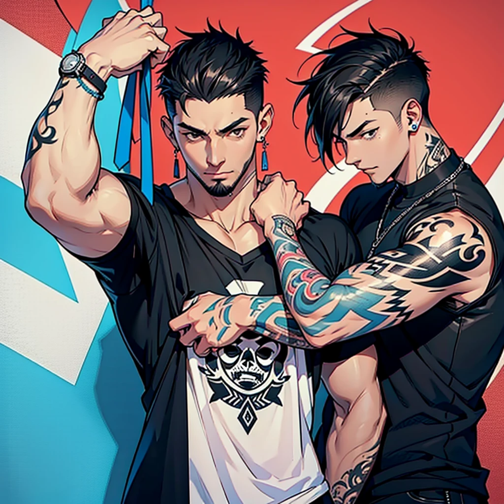 ((Best Quality)) ((high definition quality)), ((Masterpiece)), (detailed), ((without errors)), ((no duplicate limbs))
Create a Korean man who was a K-pop singer, Now he is a rapper who lives in Argentina., He is short and has a thin build.., sweet and clean face, black eyes, with whitish skin although his fine arms are covered with tattoos.It has a more urban and comfortable rapper-style style. Her black hair is messy but in a short punk cut.. Together with an Argentine man, who is tall and muscular, with well-groomed beard and short punk-style hair. He has visible tattoos on his arms.. His clothing is punk style.
The Argentine man has his hands on the Korean man's butt, The Argentine man is kissing the Korean man's neck,. The Korean man is with a pleased expression