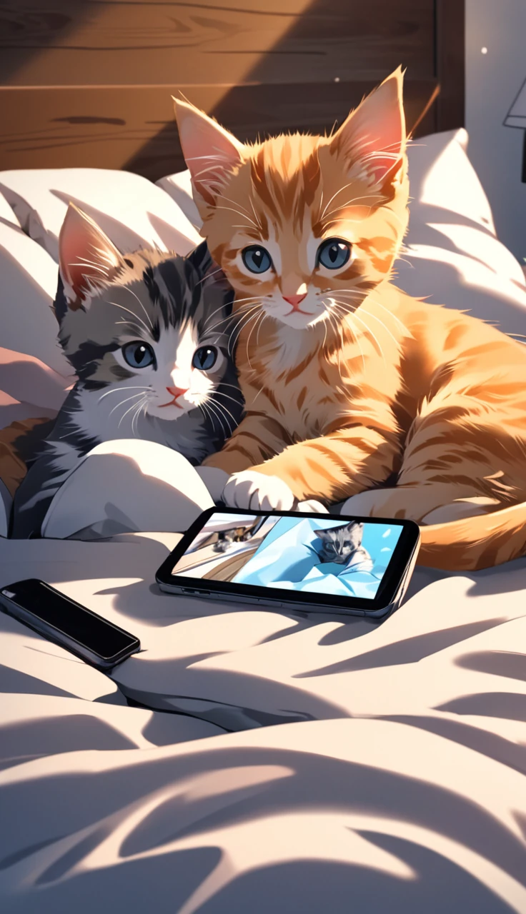 Photographically illustrate the following description.
 This picture shows two kittens on a bed with their heads on pillows, looking at a smartphone screen. The cats are relaxed and look as if they are watching TV or video like humans. The pillows look soft and the bed covers look comfortable. Overall, the atmosphere is warm and cozy.