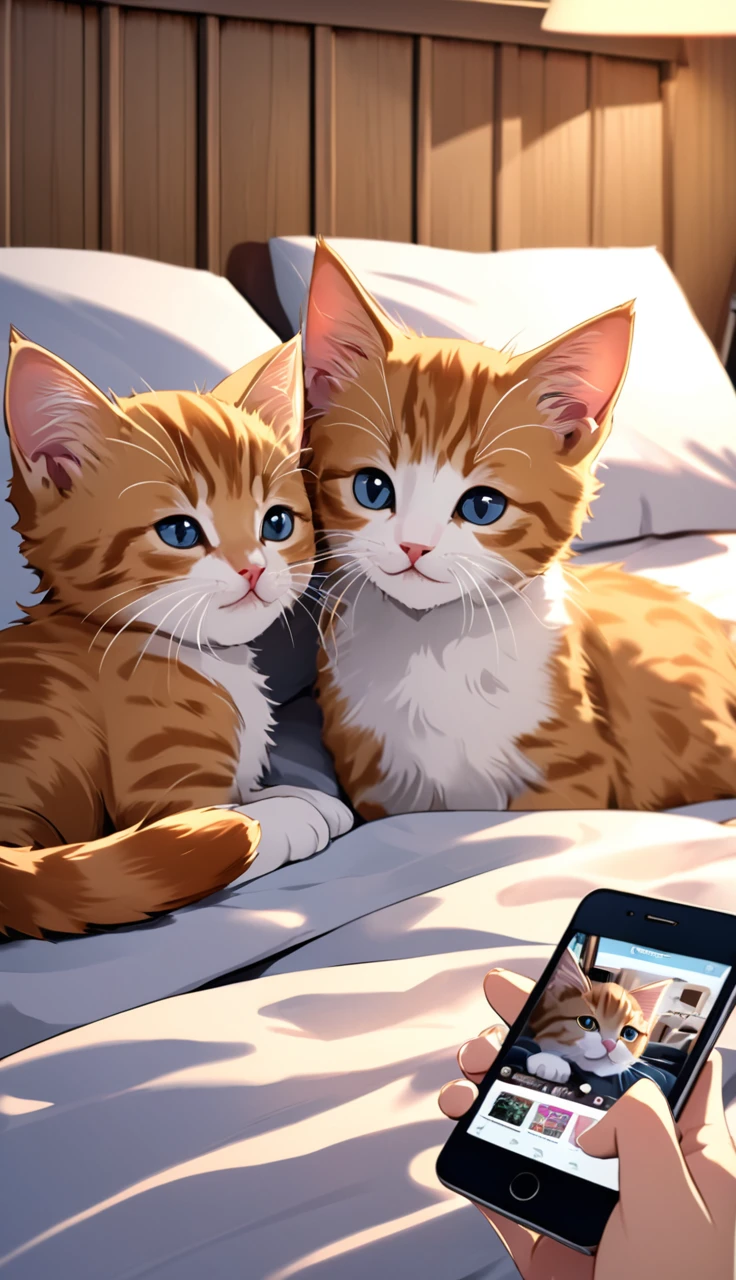 Photographically illustrate the following description.
 This picture shows two kittens on a bed with their heads on pillows, looking at a smartphone screen. The cats are relaxed and look as if they are watching TV or video like humans. The pillows look soft and the bed covers look comfortable. Overall, the atmosphere is warm and cozy.
