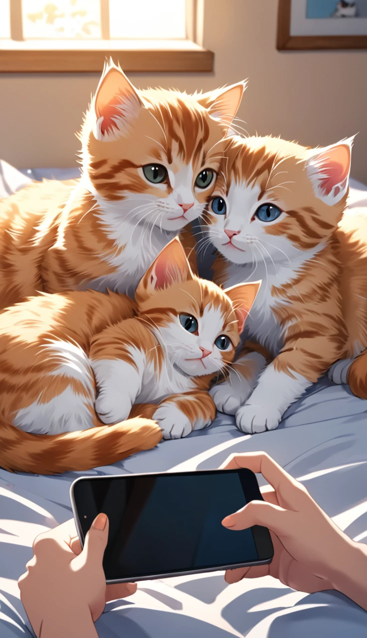 Photographically illustrate the following description.
 This picture shows two kittens on a bed with their heads on pillows, looking at a smartphone screen. The cats are relaxed and look as if they are watching TV or video like humans. The pillows look soft and the bed covers look comfortable. Overall, the atmosphere is warm and cozy.