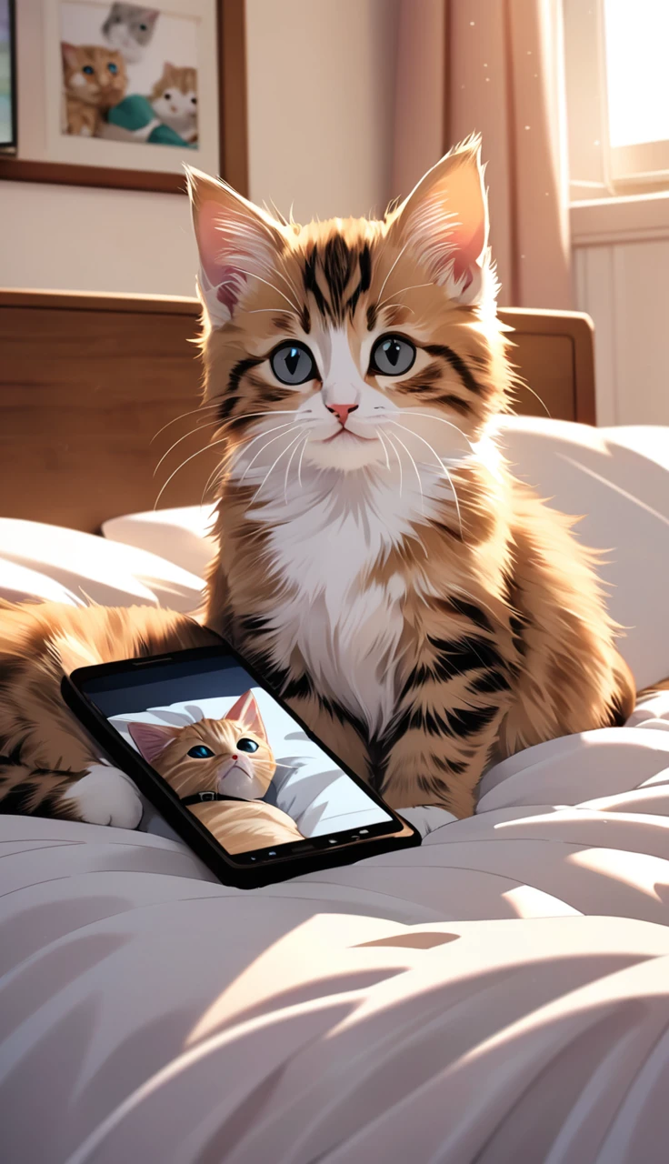 Photographically illustrate the following description.
This picture shows two kittens on a bed with their heads on pillows, looking at a smartphone screen. The cats are relaxed and look as if they are watching TV or video like humans. The pillows look soft and the bed covers look comfortable. Overall, the atmosphere is warm and cozy.