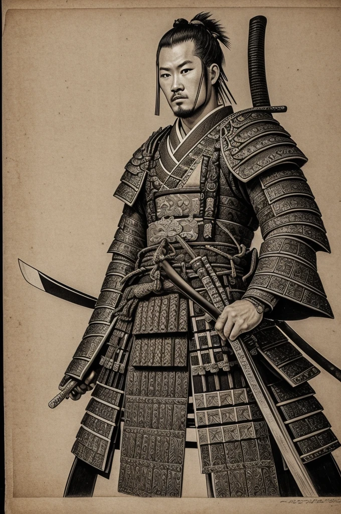 Best Quality, intricate details, line art, monochrome, a samurai from the tokugawa period with his warrior uniform and katanas ready to fight
