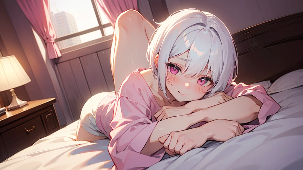 White Hair Girl、Pink Eyes、Short Hair、Only one girl、Night、In the bedroom、Blushing、laughing、Excited、Just One、Sitting on the bed、Sweating