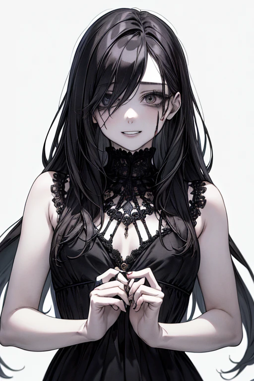a black hair girl, infected with flowers, very skinny, gothic