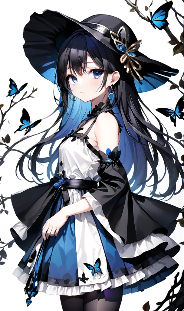 (:cyan:0.6):1.12222,{(:blue:0.9):1.11111},{(black::0.5):1.13333},(black and white color scheme:1.85)
(Front Focus:1.4),(beautiful detailed eyes:1.1),(beautiful detailed girl:1.2),(solo:1.2),
(Black Butterfly Wings Silhouette :1.6),(Black Butterfly Wings Shape Shadow:1.6),full body,standing
(1Girl_wear_(Long sleeves with wide sleeves:1.3),(short Pleated skirt:1.4)),(witch's hat:1.3),
(she_with_(black)_hair:1.3),(long_hair:1.3)
(she_with_(violet (faming:1.4) eyes:1.3))
(she(Earrings:1.2)),(black stockings:1.6)
BREAK
(contrasting colors:1.4),(only Character Coloring:1.4),(eyes_partially_colored:1.6),(partially colored:1.4),(grotto:1.4),(vines:1.4)
(Ring of Thorns:1.3)
perfecteyes, TWbabeXL01,