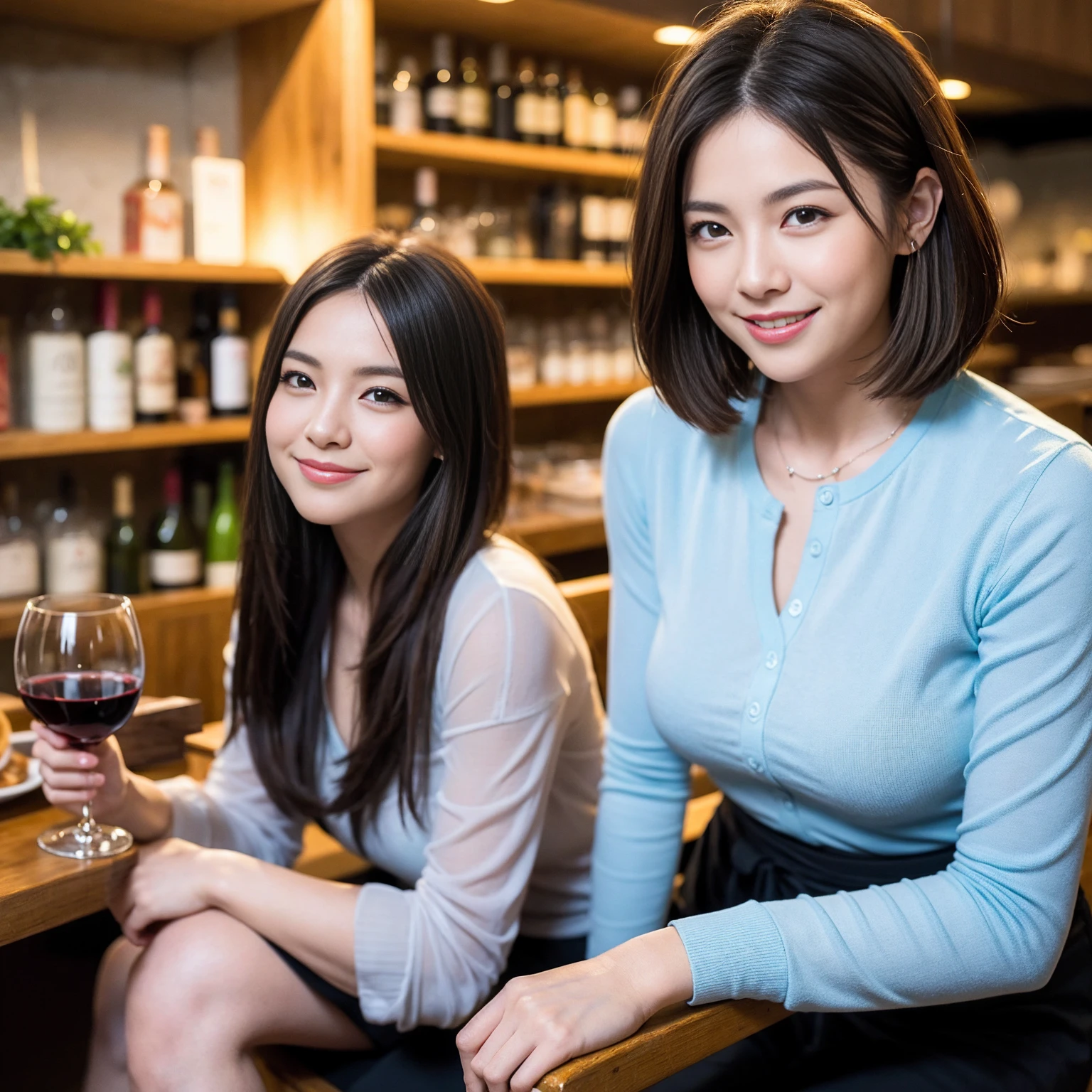 ((Highest quality、8K、masterpiece:1.3))、1 male、1 female、Couple、spouse、Couple、The body is slim、((Bob Hale、Straight hair:1.2)), (Realistic, Intricate details:1.2), テーブルの上のwine glass、Put the light on your face、 Amazing view of the sunset sky and clouds、Amazing mountain views、A bright smile、The wonderfulness of smile、Bright image、The beauty of wine, Beautiful Face, blue eyes, The light shines on your face, Blushing, short hair,Bright Face、 (Age 37), 39 years old, red wine 、Appetizers、Italian food、Wine bottle、Champagne、sparkling wine、Two beauties、Brown Hair、Shortcuts、Long sleeve shirt、dress、Beautiful woman 1, (slimな顔), (The body is slim), (Brown Hair), (Shortcuts), cheeks turn a little red,Attractive beauty、restaurant, In a prominent place (From the waist up) Nova Frog Style, actress, model, Upper Body, White wine, slim, wine glass, 中央に置かれたwine glass, smile, (smile: 1.15), Beautiful fine grain, Depth f/2,saturation, High Contrast, Strong light and shadow,Moist Body:1.5、3D texture、Delicate eyes、Brown Hair、The hair is very shiny、