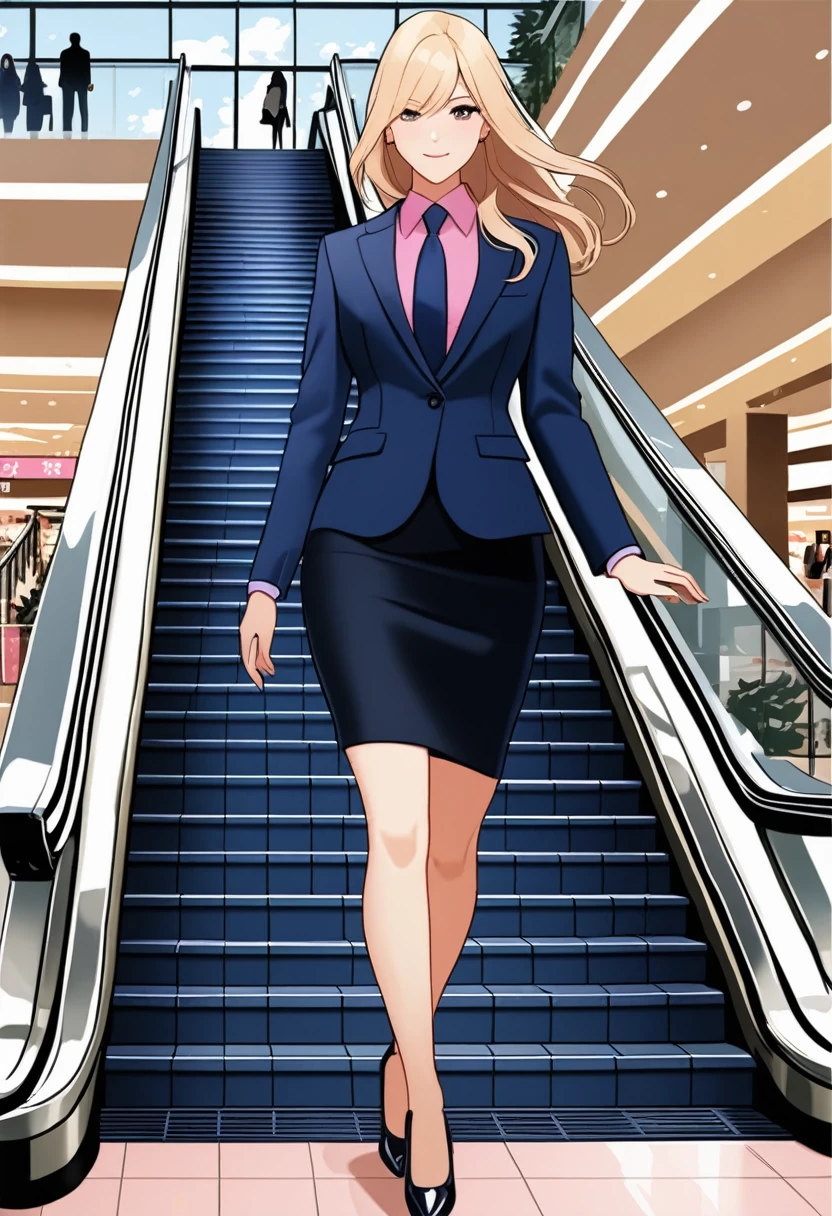 masterpiece, (best quality:1.2), (pretty woman, long hair, blonde hair, multicolored hair), BREAK, (navy-blue blazer, pink shirt with navy-blue tie, navy-blue pencil skirt, black heel cutshoes), BREAK, (navy-blue blazer, pink shirt with navy-blue tie, navy-blue pencil skirt, black heel cutshoes), BREAK, looking at viewer, shopping mall with escalator scenery, realistic,rating:general