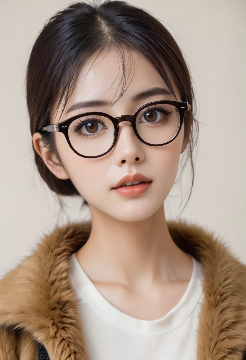 wide, skinny, glasses, big eyes big lips, Brown eyes, brown fur 