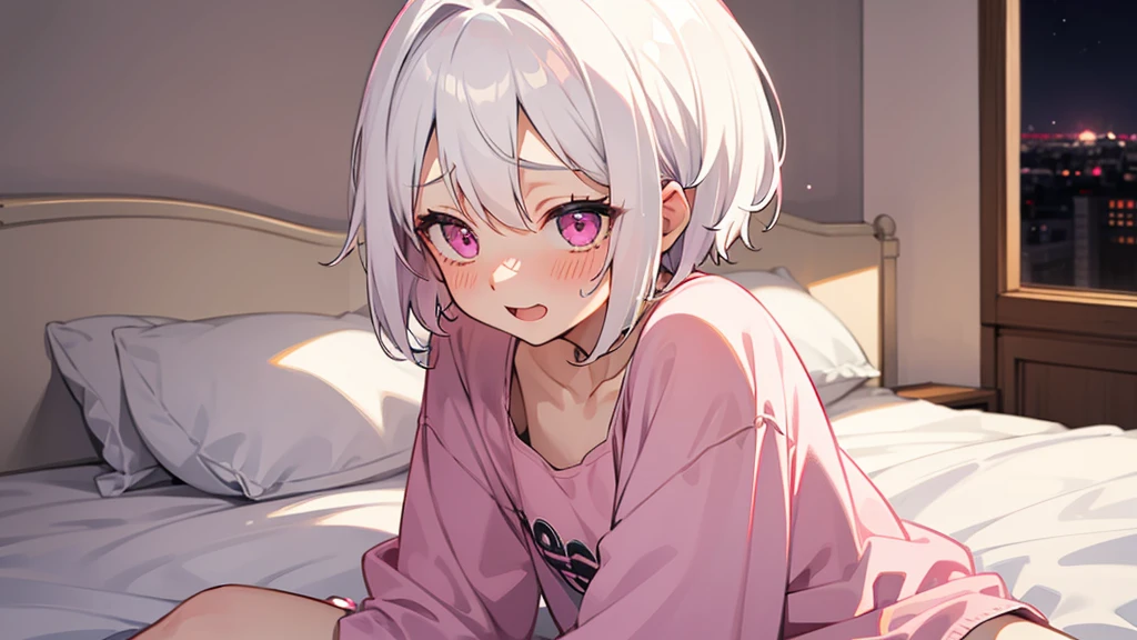 White Hair Girl、Pink Eyes、Short Hair、Only one girl、Night、In the bedroom、Blushing、laughing、Excited、Just One、Sitting on the bed、Sweating