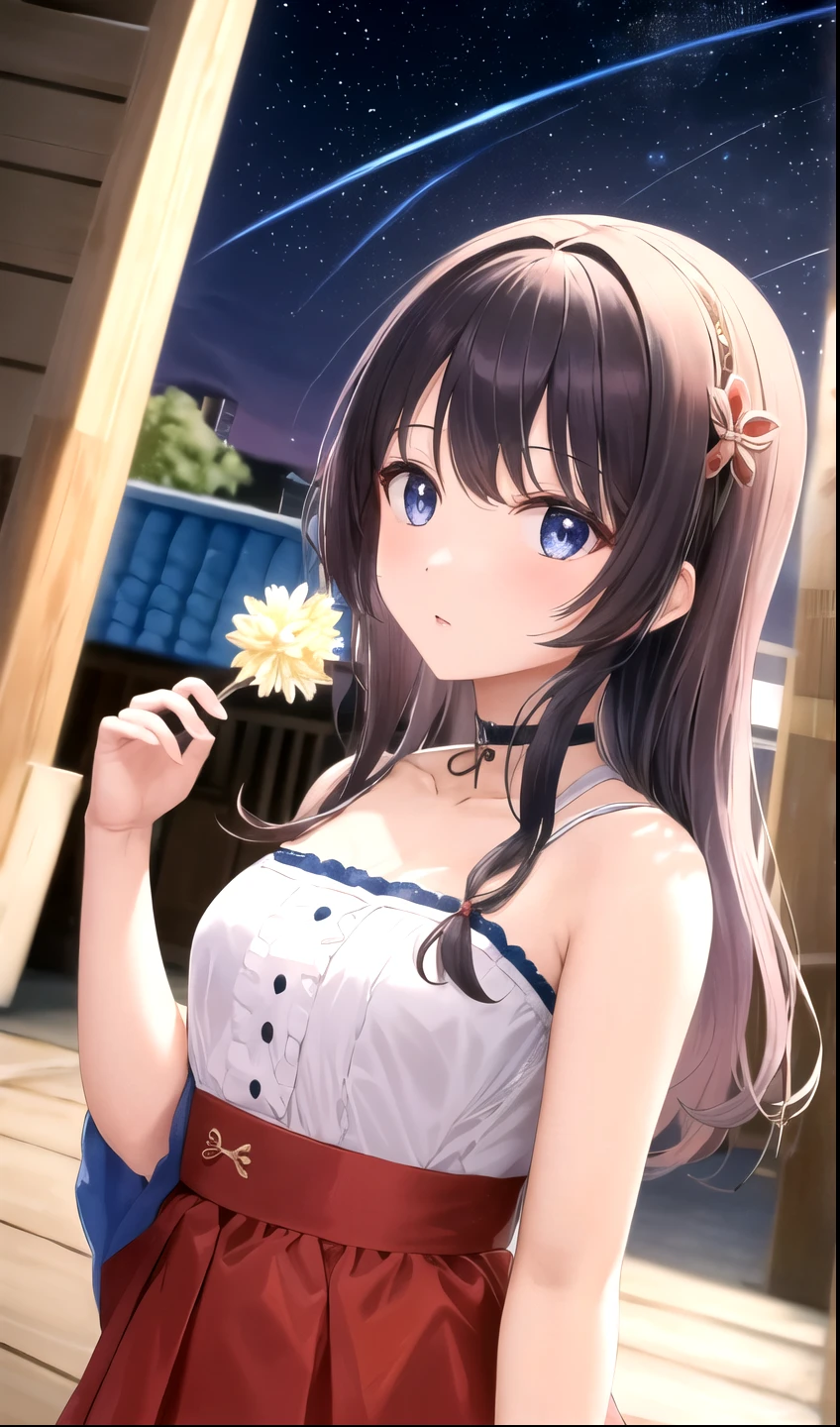 (masterpiece, Highest quality, Super detailed, High resolution, Absurd, best ilroomnation, In detail, bloom, 顔of照明, 最高of照明, In detailed beautiful eyes, 光沢ofある髪 , Perfect Face, 光沢ofある肌), Are standing, Outdoor, depth_of_Field, Dawn, Daytime, whole body, オランダof_angle, street,, room_singer, hair ornaments, Black Choker, 星ofネックレス