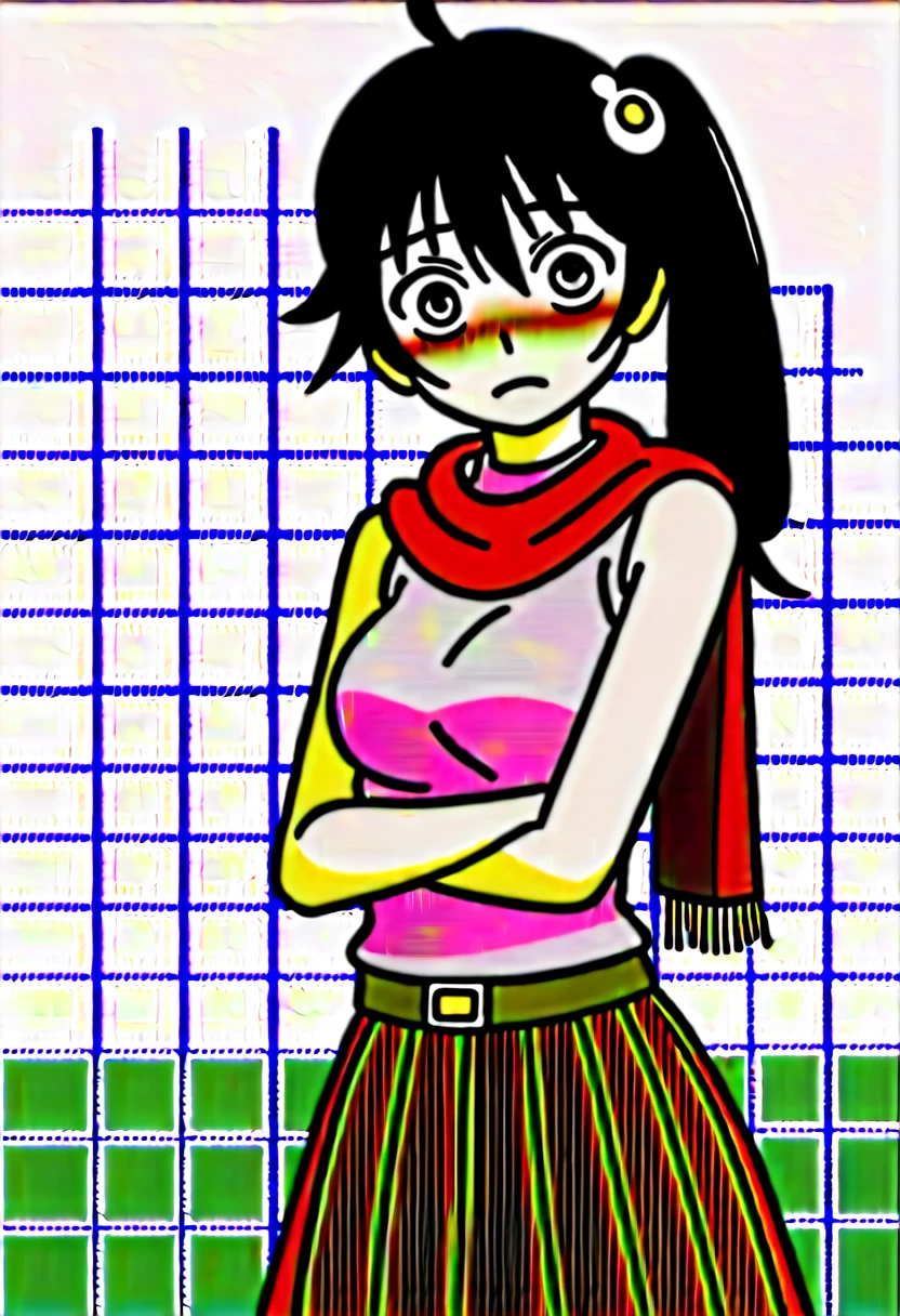 (masterpiece, best quality, detailed), 1girl, solo, araragikaren, long hair, pink sleeveless, medium breasts, ahoge, side ponytail, egg hair ornament, red scarf, skirt, indoors, bathroom, tile wall, nose blush, wide-eyed, closed mouth, armpits