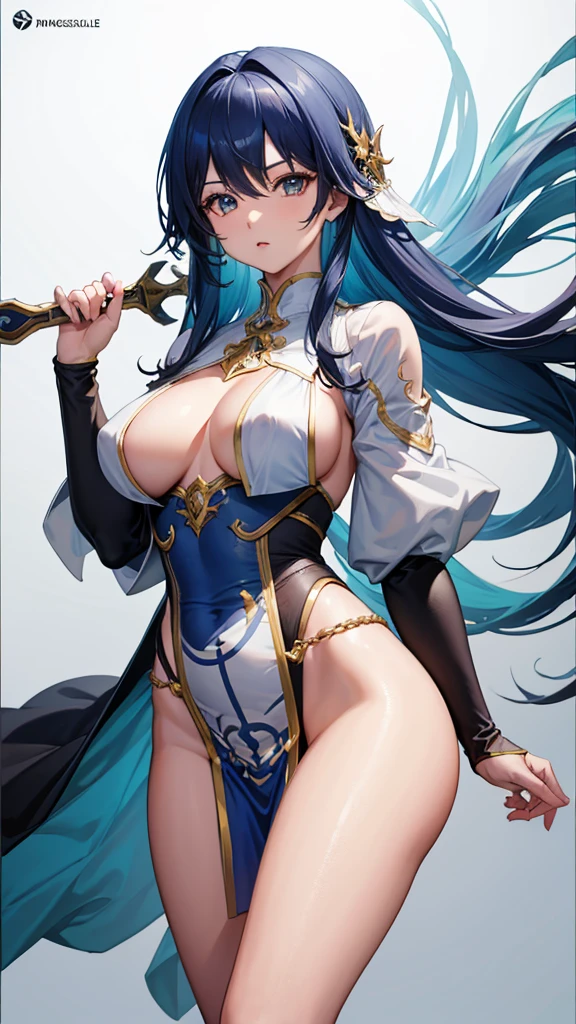 (masterpiece, 4K ,Super detailed:1.2), (anime:1), whole body側面図, jRPG Characters, jRPG Characters art, RPG Characters, View Viewer, Blue Hair, ((Female Swordsman), (Medieval), whole body, (Perfect quality), Pure white background, Lots of white space, Dark skin, whole bodyが写っている
