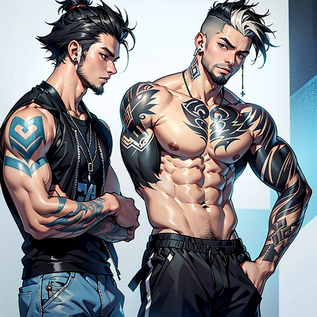 ((Best Quality)) ((high definition quality)), ((Masterpiece)), (detailed), ((without errors)), ((no duplicate limbs))
Create a Korean man who was a K-pop singer, Now he is a rapper who lives in Argentina., He is short and has a thin build.., sweet and clean face, black eyes, with whitish skin although his fine arms are covered with tattoos.It has a more urban and comfortable rapper-style style. Her black hair is messy but in a short punk cut.. Together with an Argentine man, who is tall and muscular, with well-groomed beard and short punk-style hair. He has visible tattoos on his arms.. His clothing is punk style.
The Argentine man has his hands on the Korean man's butt, The Argentine man is kissing the Korean man's neck,. The Korean man is with a pleased expression