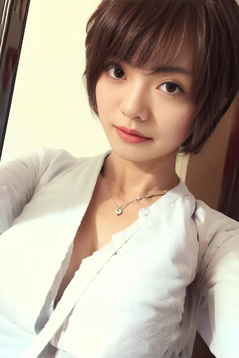 (Lift up your white shirt to reveal your chest:1.8)201 old woman, , (reality: 1.4), Smartphone image quality, Japanese, Asian Beauty,Double Eyes、 46 point diagonal bangs , Beautiful Skin、Medium chest、(Selfie:1.2),On the bed、nsfw、Put your chest close、Boyish Short Hair、Slightly blurry image quality、