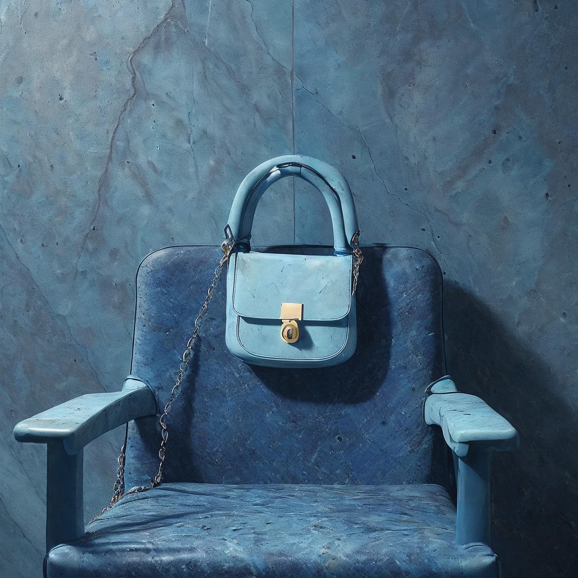 (((((Blue stone background)))))、(((((Bag on chair)))))、(((The bag is facing straight ahead)))、(((((Photogenic quality)))))、(((Wide angle of view)))