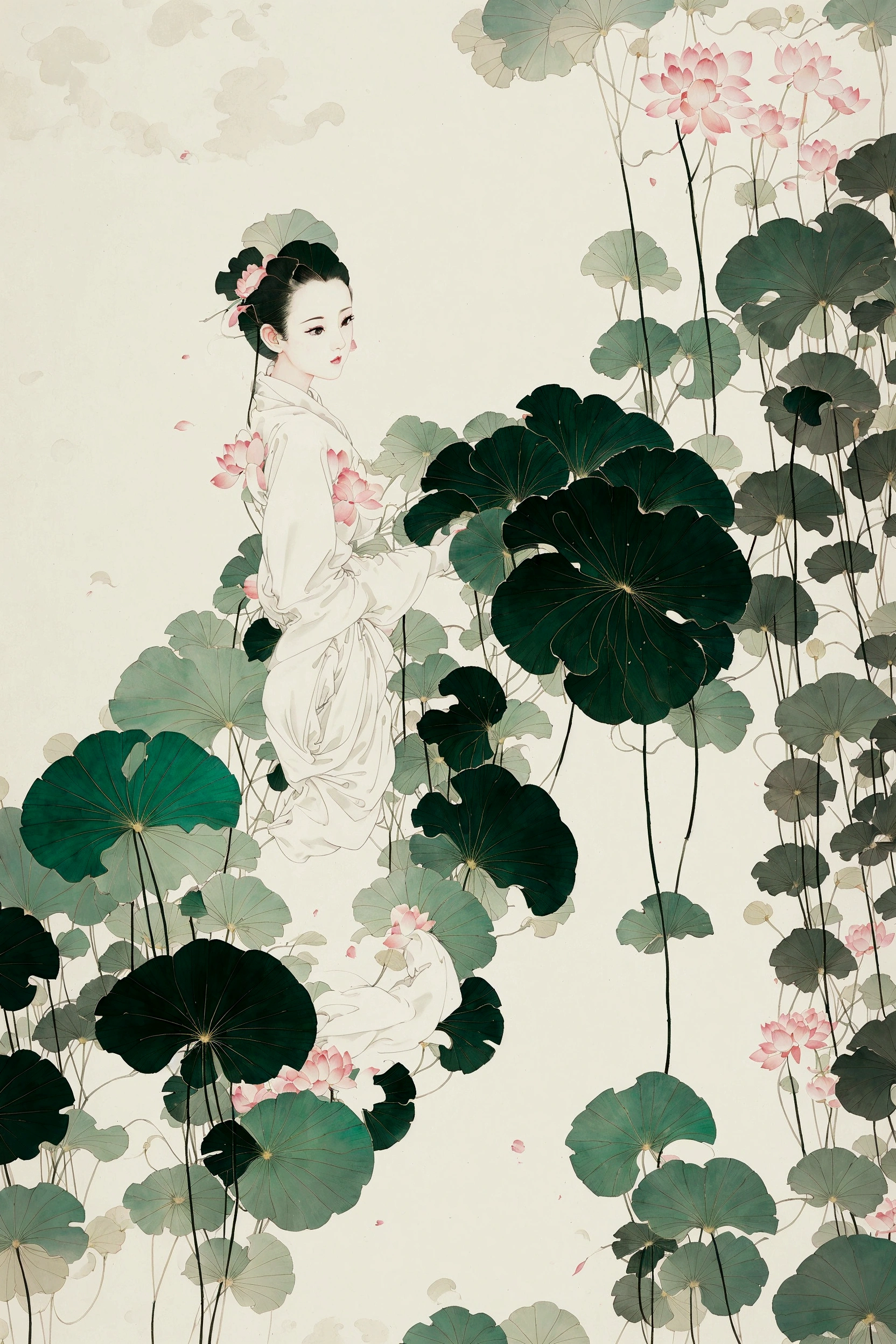Ink and brushwork style,Lotus,Lotus Leaf,Lotus pod,Pink and green color scheme,Close shot,close up,Simple lines,Hand Painted,HD details,White background,Painting on rice paper,HD 8k