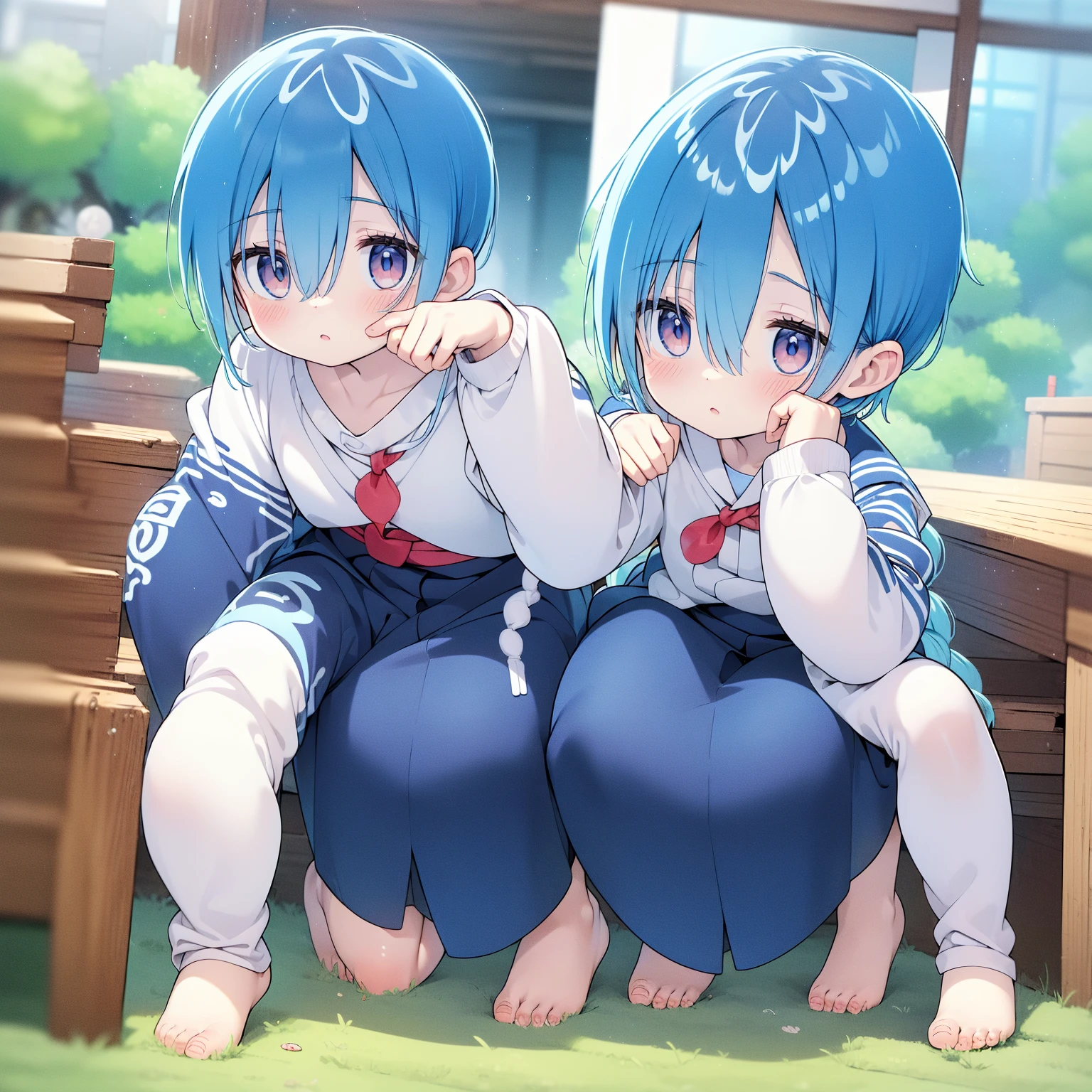 woman, 29 yo, sexual expression invite,sexual face,pantyhose Detailed((tights with detailed textures)),feet to the viewer,feet in front of the spectator,blue hair,long twintail hair,blue eyes,