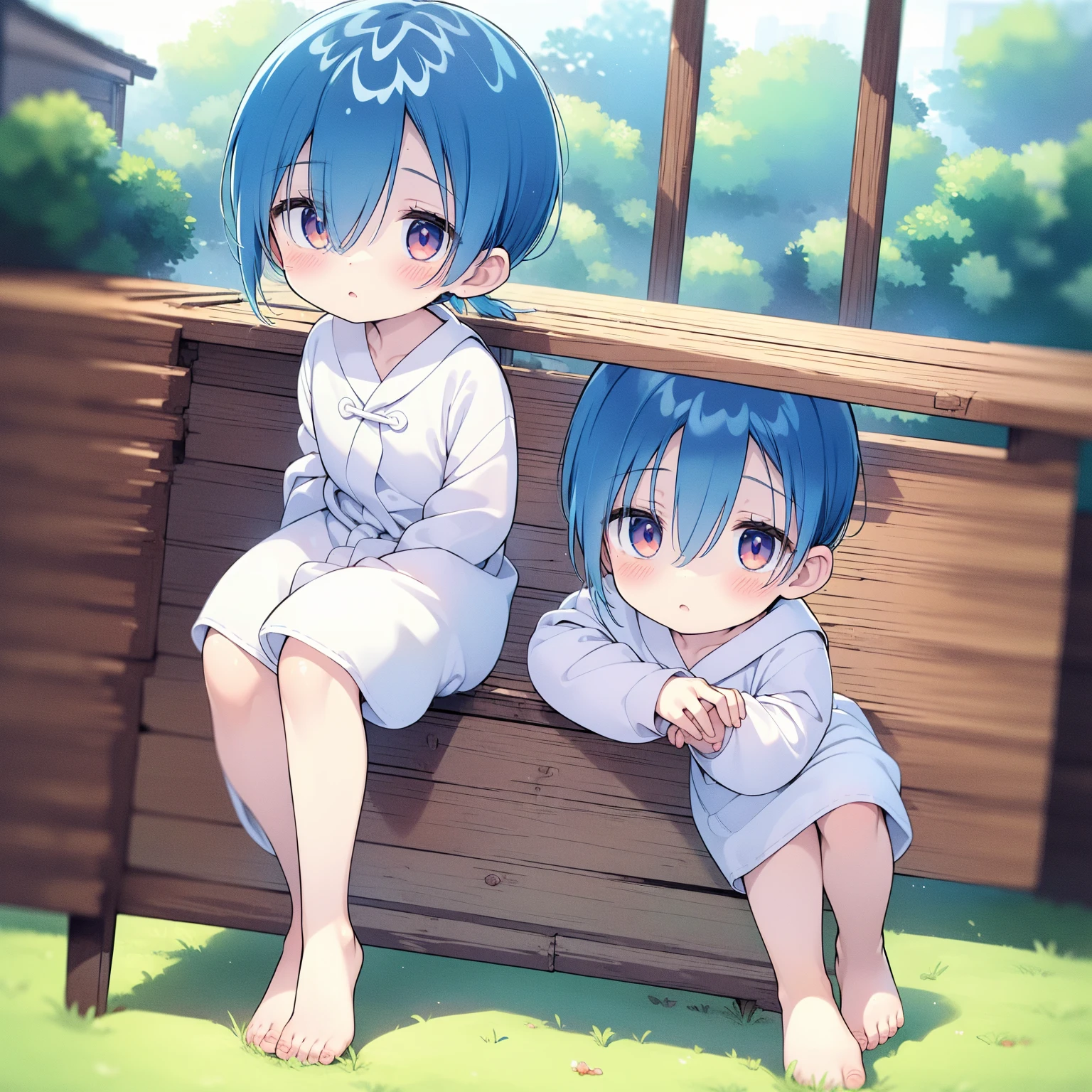 4K, (masterpiece:1), Little maleの子 with blue colored hair and shiny, 輝くシアン色の目と裸feet, Stand on the field, amazing, Cinematic, young, maleの子, , small, , tiny feet, focus on feet, feet, Blushing, (young:1.4), (child:1.4), (Shota:1.4), (male:1.4), (maleの子:1.4), (Sacred clothing:1.4), (amazing:1.4), (Pause:1.4), (Cinematic:1.4),