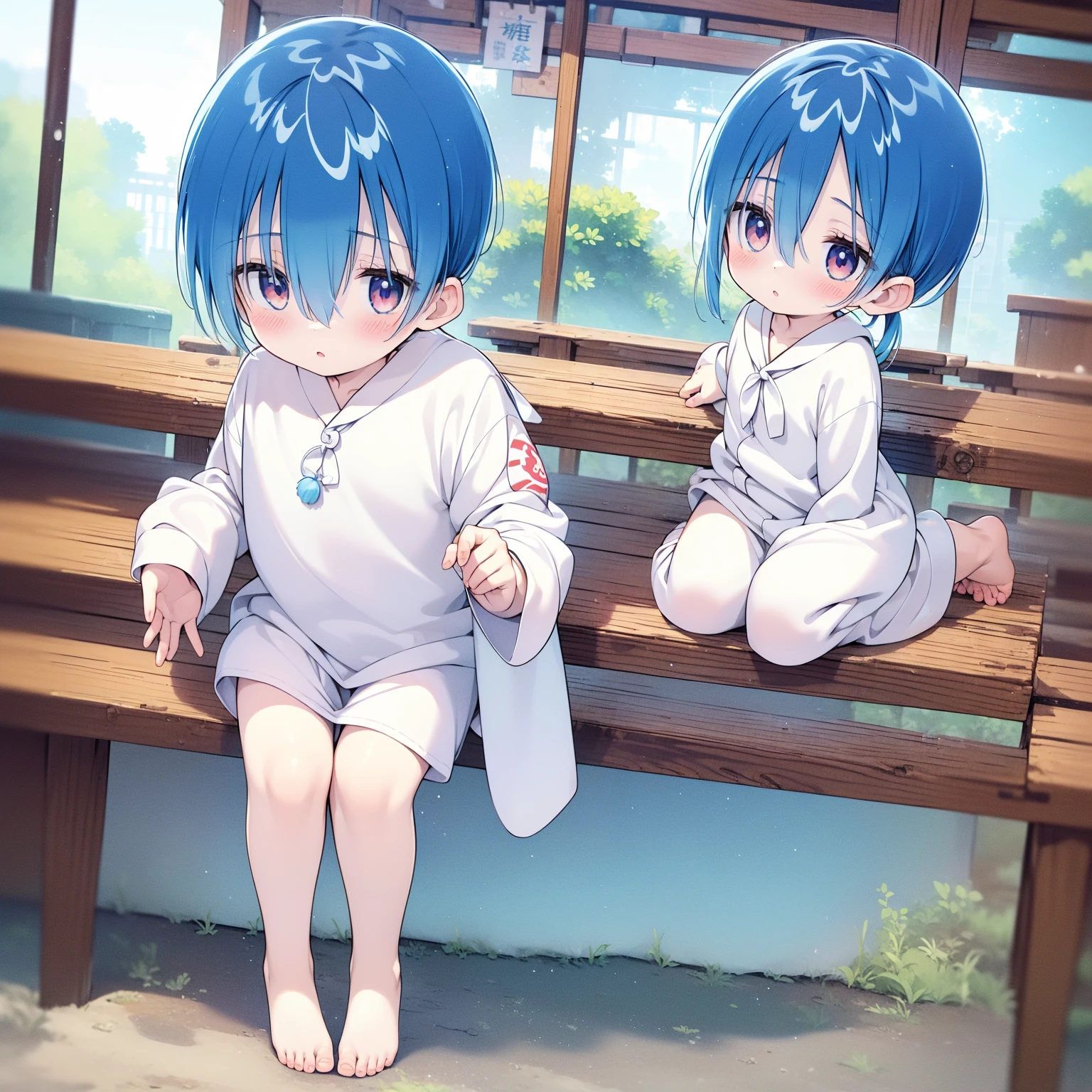4K, (masterpiece:1), Little maleの子 with blue colored hair and shiny, 輝くシアン色の目と裸feet, Stand on the field, amazing, Cinematic, young, maleの子, , small, , tiny feet, focus on feet, feet, Blushing, (young:1.4), (child:1.4), (Shota:1.4), (male:1.4), (maleの子:1.4), (Sacred clothing:1.4), (amazing:1.4), (Pause:1.4), (Cinematic:1.4),