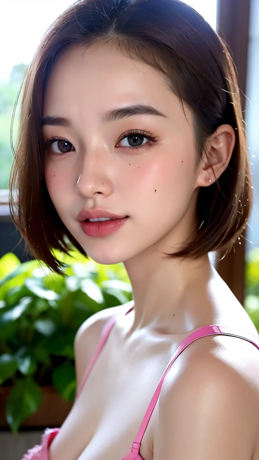 Japanese female one person. Fits your face. Age 25, Sharp jaw, RAW Photos, masterpiece, Highly detailed photos, Digital SLR, Photorealistic 3.9, Ultra-high resolution, Highest quality, Pink Lips, No makeup, big, Bright green eyes、Close-up of face、(Bobcut、Forehead Baring)、Photographed by a professional photographer、Portrait、smile、Mole under the eye、Blushing、Glowing Skin、Natural Favour、Open your mouth a little