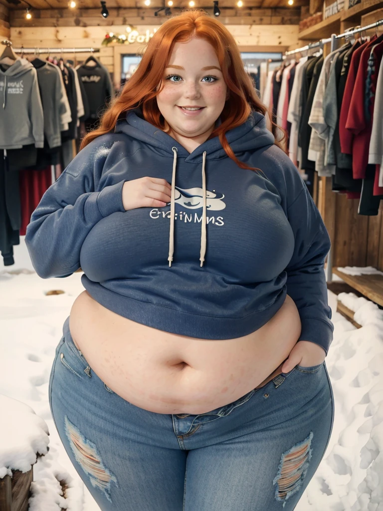 A happy photo of a young cute redhead bbw with long wavy ginger hair, huge soft fat belly, wide fat obese hips, thick fat legs and fat arms, cute pretty face, small breasts, blue eyes, freckles, in a cute long covering hoodie and long jeans in a chrismas shop in winter while snowimg, belly covering hoodie