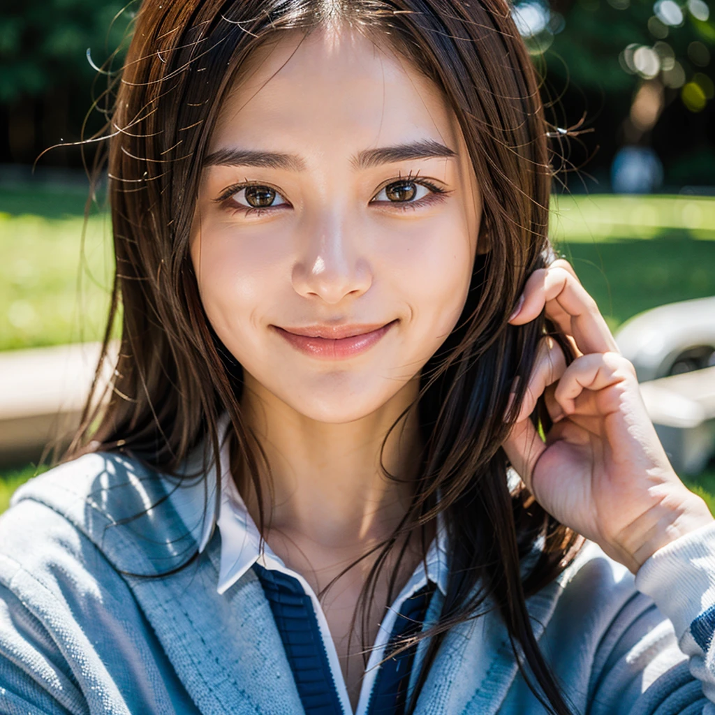 ((Highest quality)), ((masterpiece)), (detailed), One girl, Middle Hair,Dark Brown Hair,Long face,High nose,smile,front,Bust,