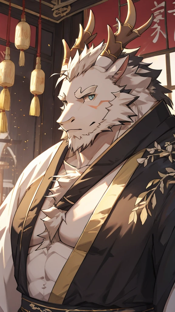 (white eastern dragon),furry,white mustache,big pecs,hearty males,muscular,black imperial robe,naked,adult,traditional_chinese_room,head portrait,scar,blood