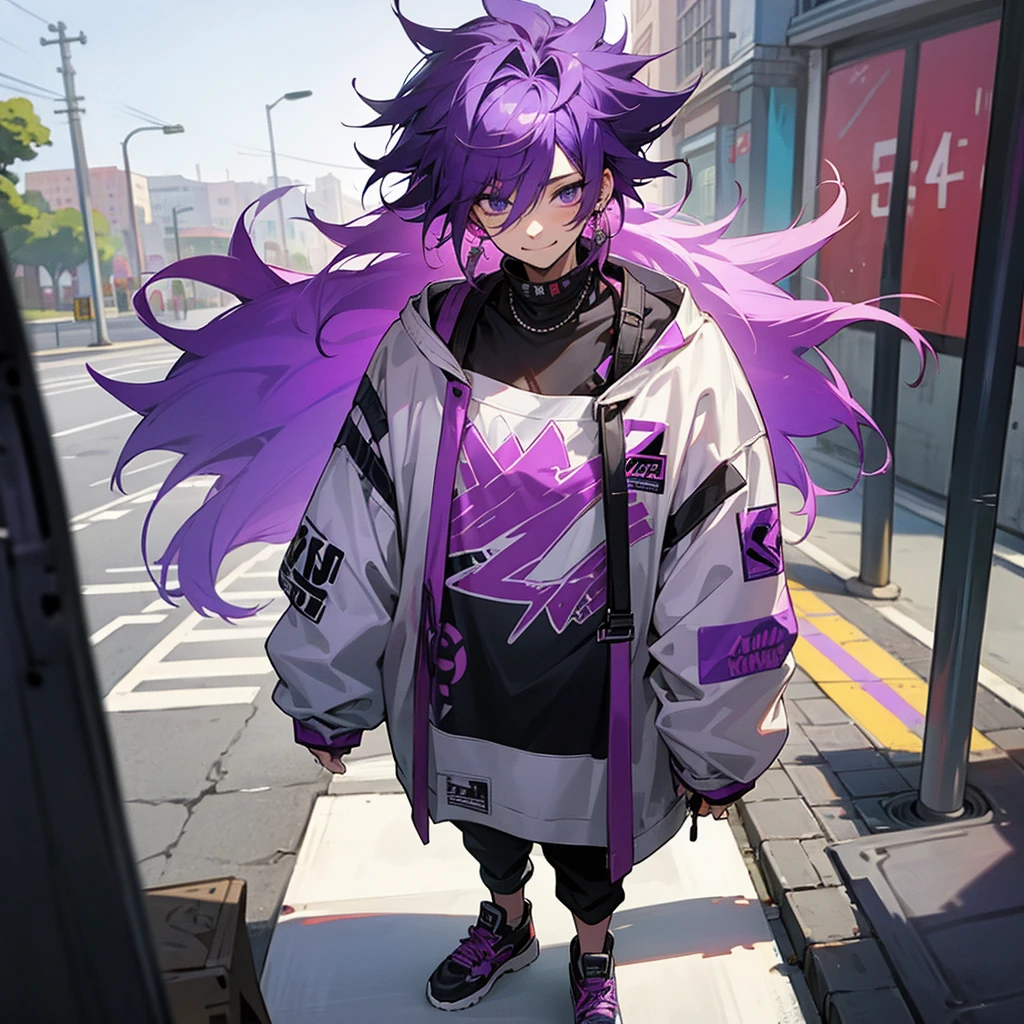 1male , Purple Hair , Messy Hair , Earring , Streetwear , Standing on sidewalk, smile maniac