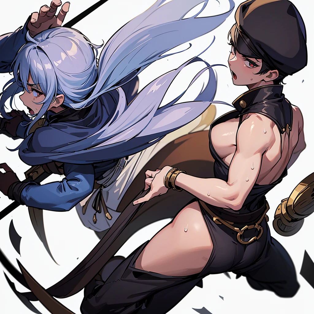 ((Full body character concept, Detailed character design))、(From the back、Back view、back)、Highest quality, Best Quality,Best illustrations、(((Skin Cap))),Medieval bandits、(((20-year-old male)))、Dramatic Angle、(battle)、battlefield、Movement angle、Grab the sword、wasteland、(Fighting stance)、Run、(((White background)))、(20 people、multiple)、early、(get annoyed、Open your mouth、Sweat)、From above at an angle、