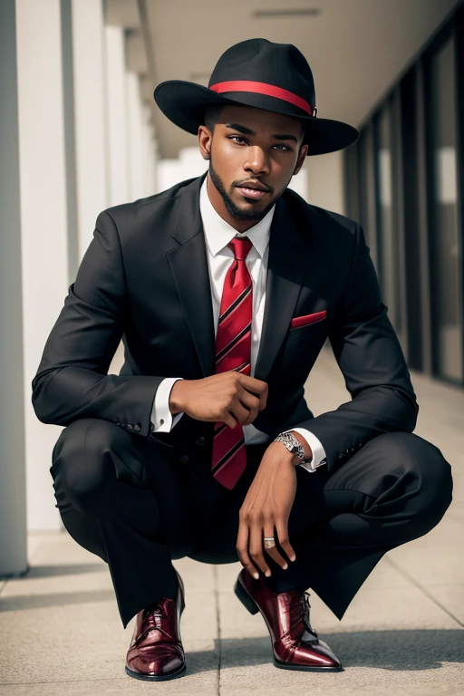 I want a drawing with a young black man on his knees and a man in a black suit and black pants with a red tie and a black Panama hat with a red stripe holding it on the young man&#39;s head 