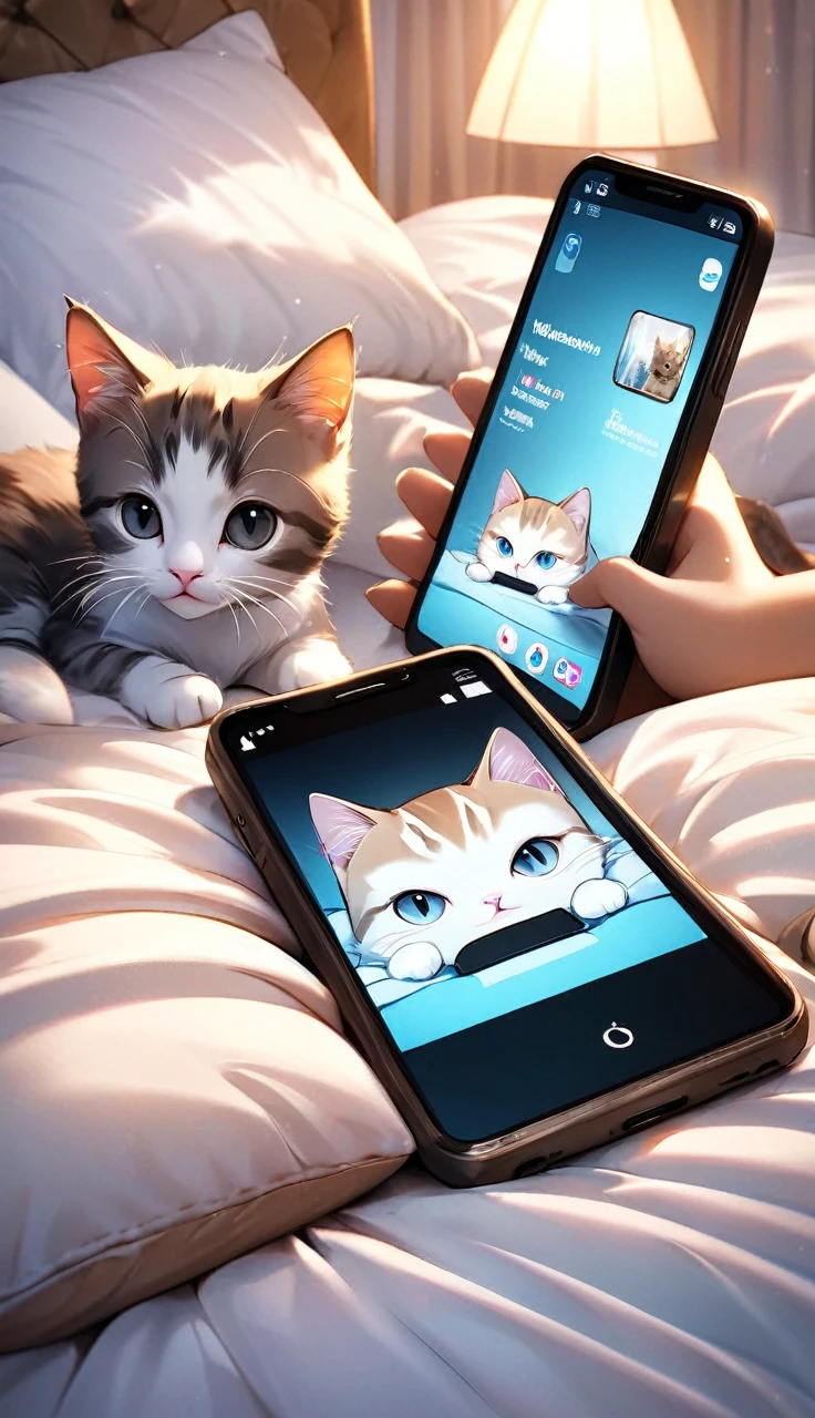 Photographically illustrate the following description.
This picture shows two kittens on a bed with their heads on pillows, looking at a smartphone screen. The cats are relaxed and look as if they are watching TV or video like humans. The pillows look soft and the bed covers look comfortable. Overall, the atmosphere is warm and cozy.