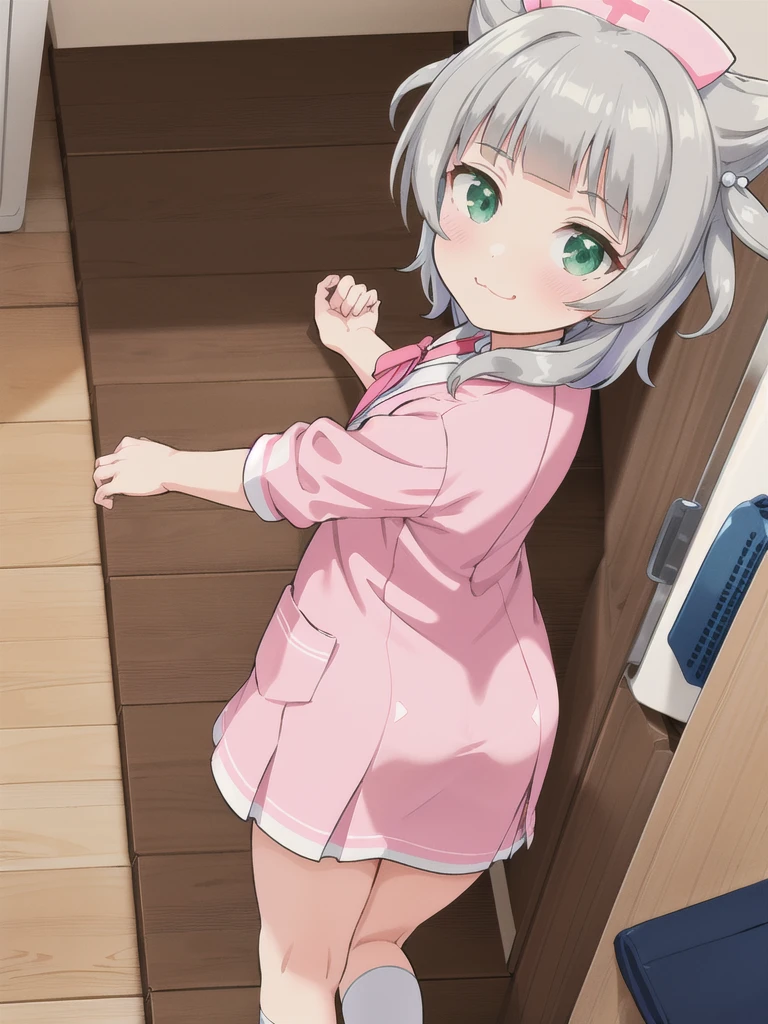 indoor,hospital,hospitalのベッド,Looking down from above,face focus, Green Eyes, Grey Hair, hair ornaments, bangs, Virtual YouTuber, Shine, blunt bangs, Double Bang, Animal ears, Flat Chest,Pink nurse uniform,blush, (View your viewers),ass pov, smile, Are standing,