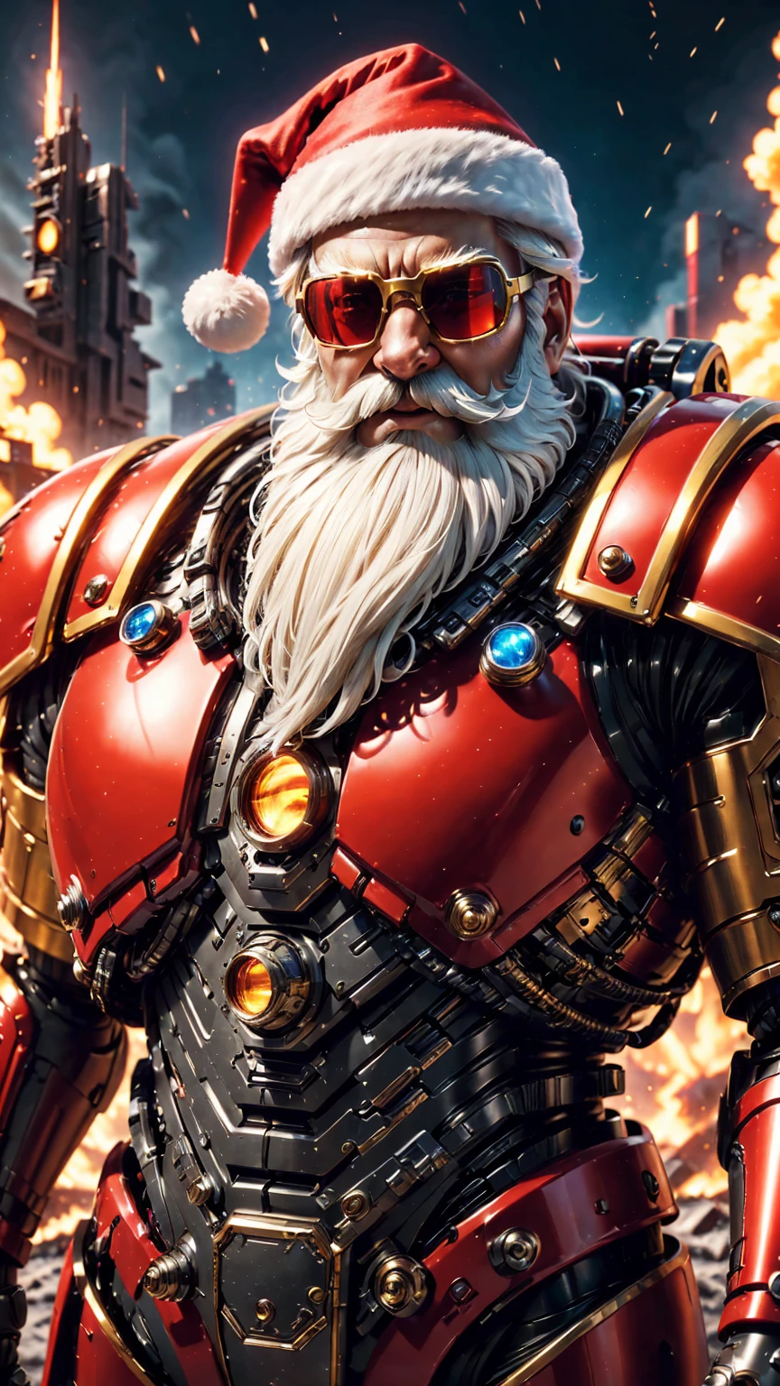 Warhammer 40K Universe,Santa Claus,Red and gold mechanized armor suit,Glowing Sunglasses,War-torn environment,Destroyed buildings and flames,Future Cityscape Background，A grim and dangerous atmosphere，Sci-fi cyberpunk aesthetics，High contrast and desaturated tonal lighting,(Best quality,4K,8K,high resolution,masterpiece:1.2),Extremely detailed,(Practical,photoPractical,photo-Practical:1.37).