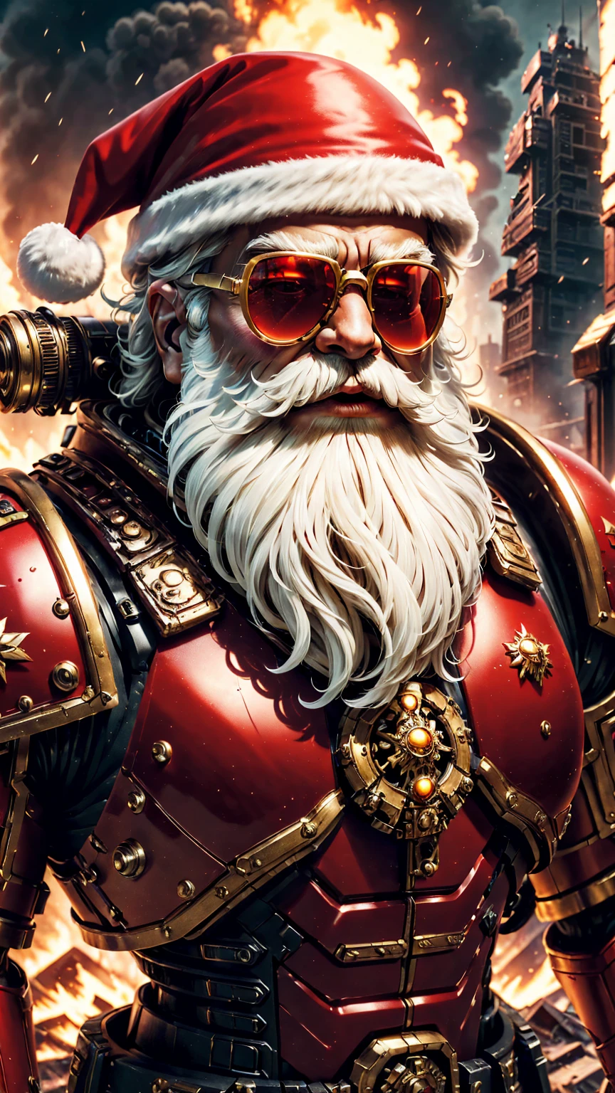 Warhammer 40K Universe,Santa Claus,Red and gold mechanized armor suit,Glowing Sunglasses,War-torn environment,Destroyed buildings and flames,Future Cityscape Background，A grim and dangerous atmosphere，Sci-fi cyberpunk aesthetics，High contrast and desaturated tonal lighting,(Best quality,4K,8K,high resolution,masterpiece:1.2),Extremely detailed,(Practical,photoPractical,photo-Practical:1.37).