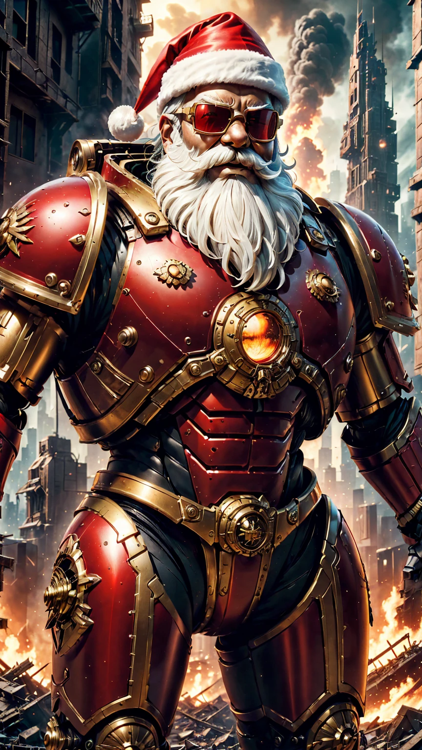 Warhammer 40K Universe,Santa Claus,Red and gold mechanized armor suit,Glowing Sunglasses,War-torn environment,Destroyed buildings and flames,Future Cityscape Background，A grim and dangerous atmosphere，Sci-fi cyberpunk aesthetics，High contrast and desaturated tonal lighting,(Best quality,4K,8K,high resolution,masterpiece:1.2),Extremely detailed,(Practical,photoPractical,photo-Practical:1.37).