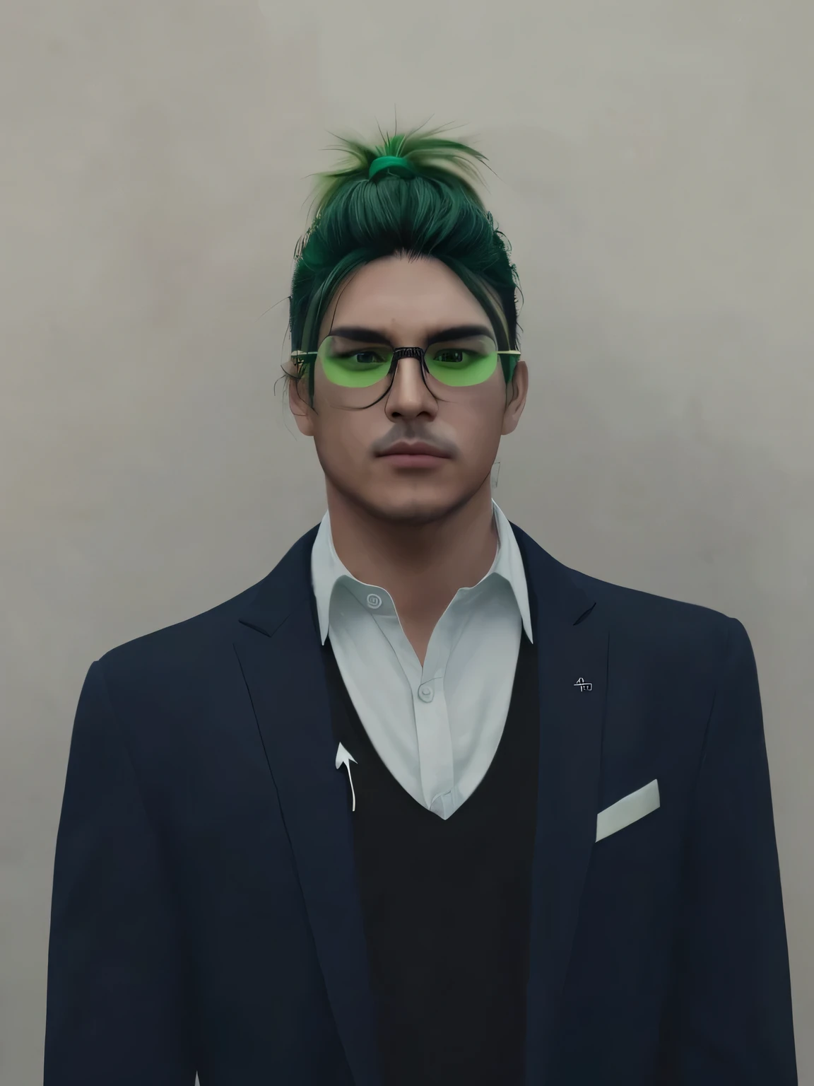 man with green highlight ponytail,green block glasses