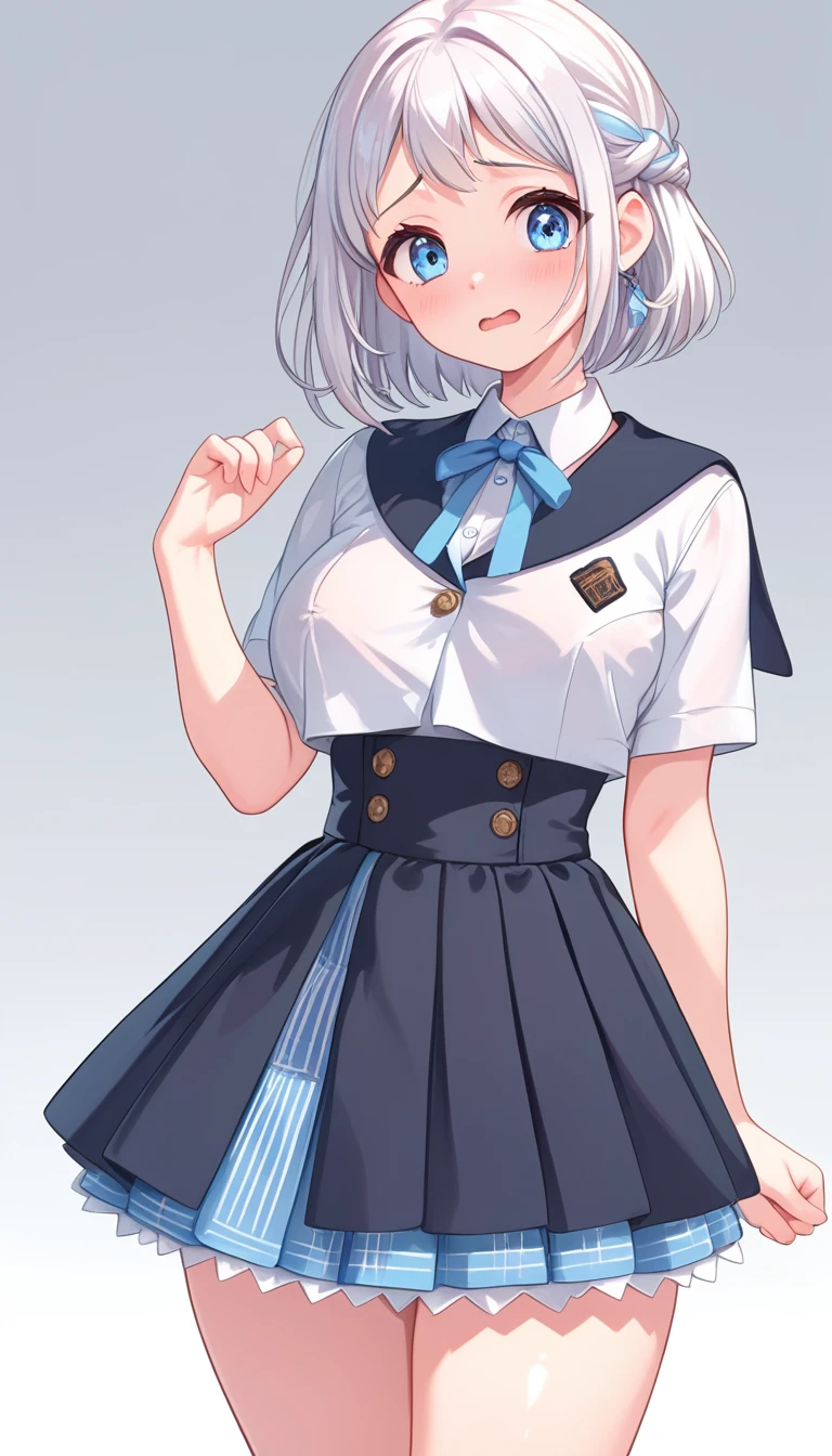 16k,8k,4K, lilja-default , katsuragi lilja,blue eyes,white hair,short hair,braid,,sailor collar,neck ribbon, white shirt,layered skirt,high-waist skirt,blush,embarrassing,big breast,thick thighs,shiny skin,white background 